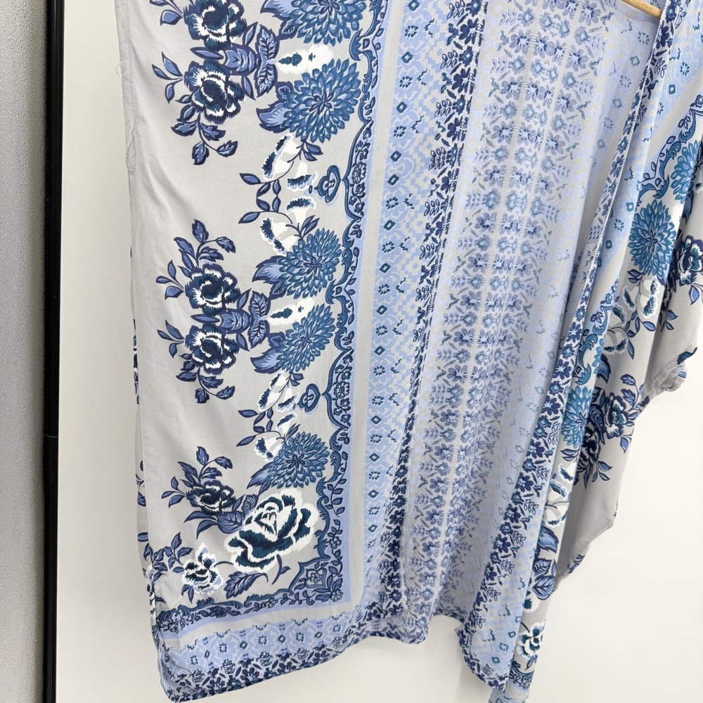 Angie Floral Kimono Women Large Blue Grey Boho Rayon Open Front Cardigan Wrap - Picture 4 of 5